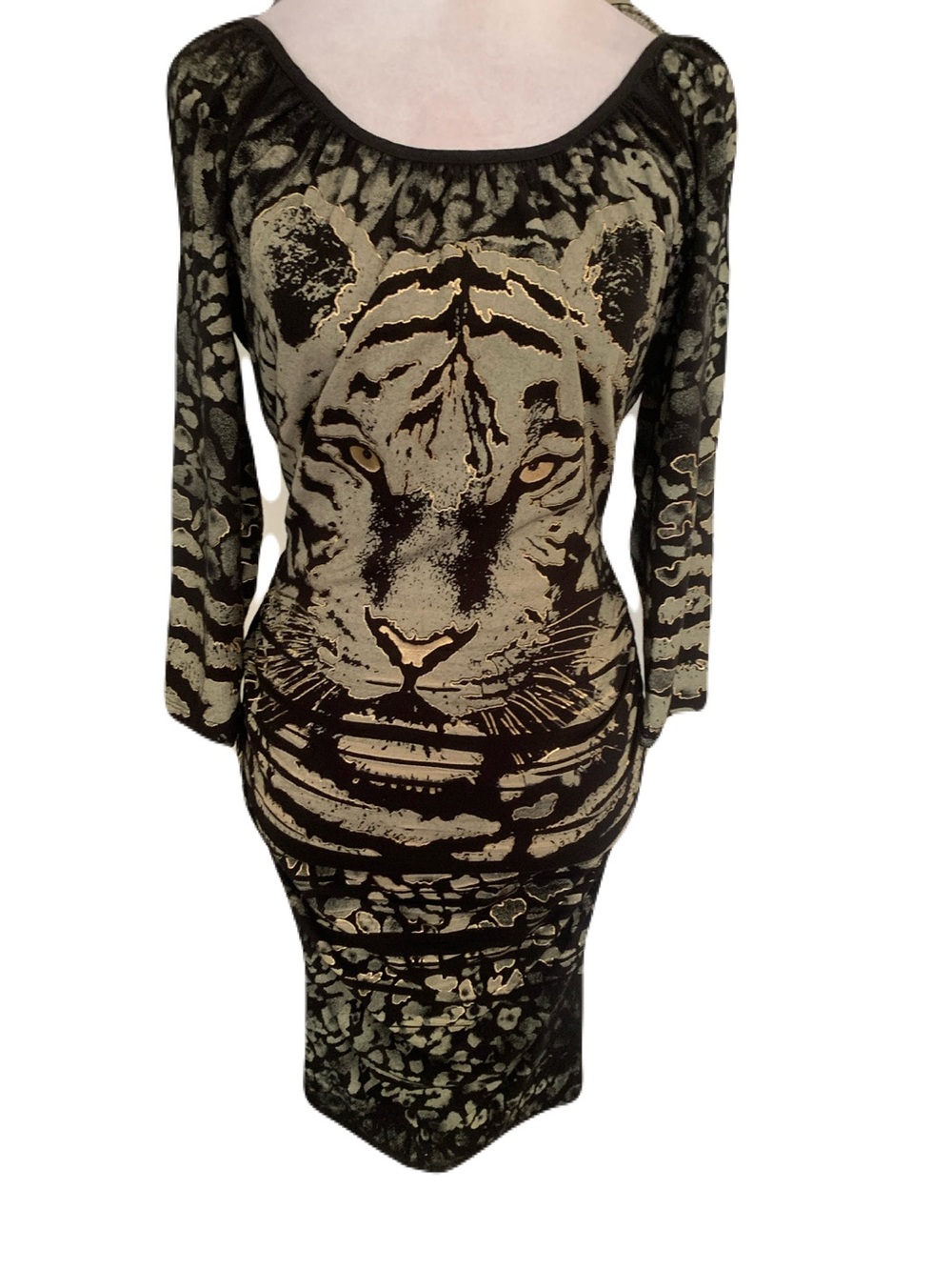 Vintage Y2K 90s Small Cache Metallic Tiger Animal Print Ruched Bodycon Dress